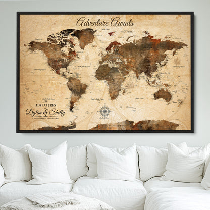 66357947-MGV-FC-36X24_Black-Personalized World Map Print, Customizable Push Pin Framed World Map Print on Canvas - Custom Quote on Map Print