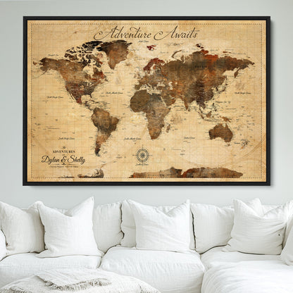 57497711-MGV-FC-36X24_Black-Personalized World Map Canvas Print - Customizable Push Pin Framed World Map Print on Canvas - Custom Quote on Map Print