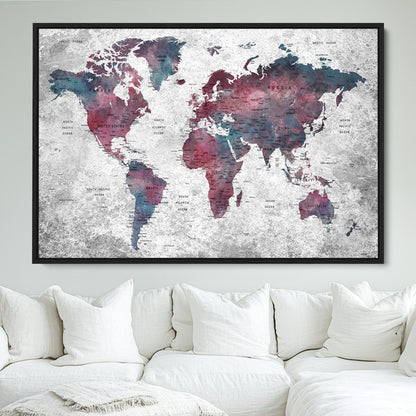 Push Pin World Map Canvas Print – Framed Wall Art for Couples to Track Their Travels – Anniversary Gift or Home Adventure Decor