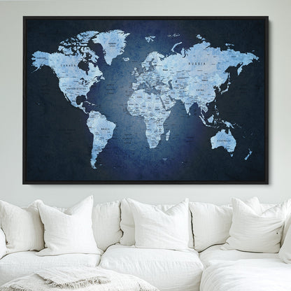 Push Pin World Map Canvas Print – Framed Wall Art for Couples to Track Their Travels – Anniversary Gift or Home Adventure Decor