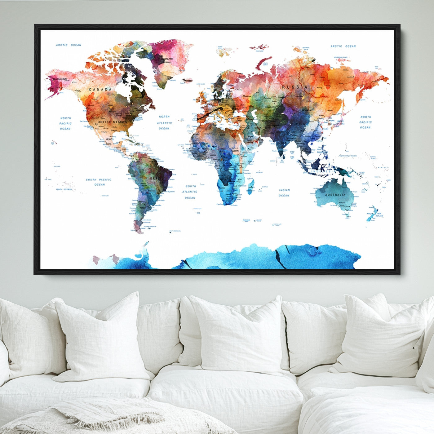 Push Pin World Map Canvas Print – Framed Wall Art for Couples to Track Their Travels – Anniversary Gift or Home Adventure Decor