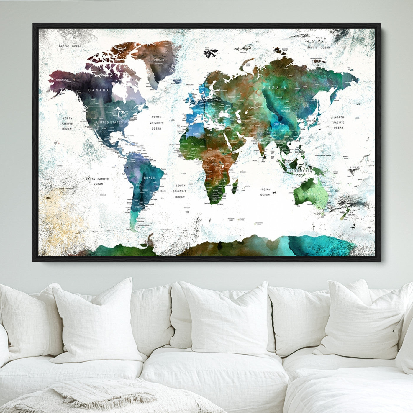 Push Pin World Map Canvas Print – Framed Wall Art for Couples to Track Their Travels – Anniversary Gift or Home Adventure Decor