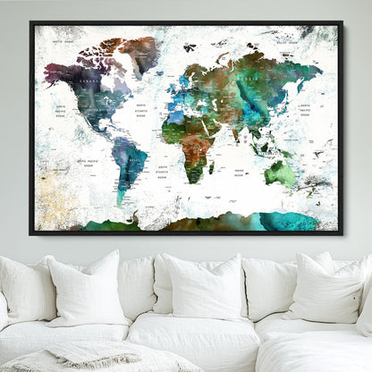Push Pin World Map Canvas Print – Framed Wall Art for Couples to Track Their Travels – Anniversary Gift or Home Adventure Decor