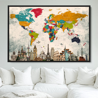 Push Pin World Map Canvas Print – Framed Wall Art for Couples to Track Their Travels – Anniversary Gift or Home Adventure Decor