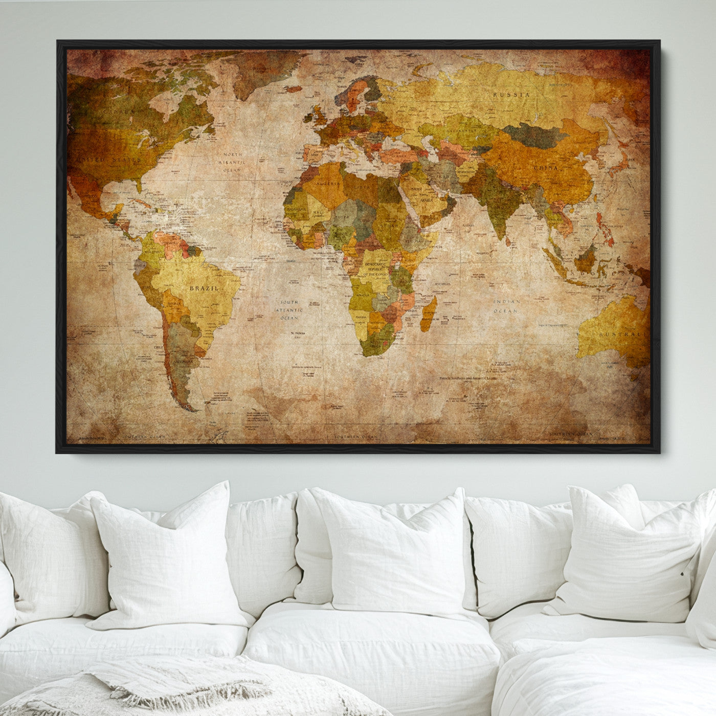 Push Pin World Map Canvas Print – Framed Wall Art for Couples to Track Their Travels – Anniversary Gift or Home Adventure Decor