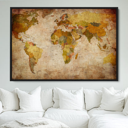 Push Pin World Map Canvas Print – Framed Wall Art for Couples to Track Their Travels – Anniversary Gift or Home Adventure Decor