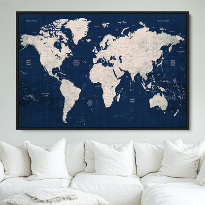 Push Pin World Map Canvas Print – Framed Wall Art for Couples to Track Their Travels – Anniversary Gift or Home Adventure Decor