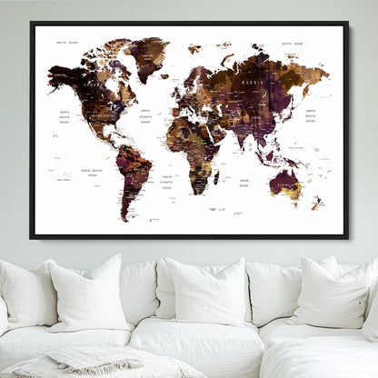 Push Pin World Map Canvas Print – Framed Wall Art for Couples to Track Their Travels – Anniversary Gift or Home Adventure Decor
