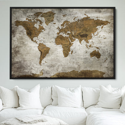 Push Pin World Map Canvas Print – Framed Wall Art for Couples to Track Their Travels – Anniversary Gift or Home Adventure Decor