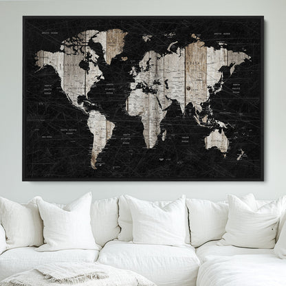 Push Pin World Map Canvas Print – Framed Wall Art for Couples to Track Their Travels – Anniversary Gift or Home Adventure Decor