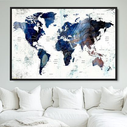 Push Pin World Map Canvas Print – Framed Wall Art for Couples to Track Their Travels – Anniversary Gift or Home Adventure Decor