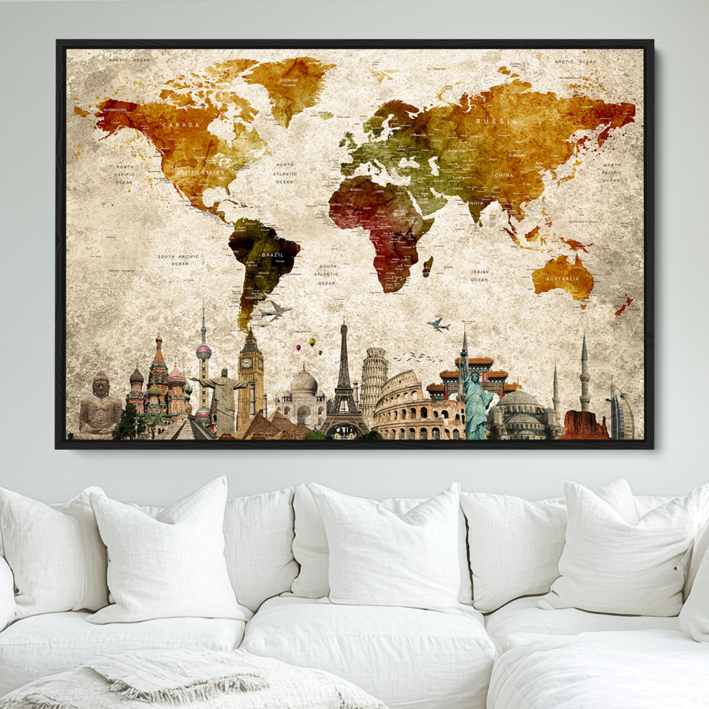Push Pin World Map Canvas Print – Framed Wall Art for Couples to Track Their Travels – Anniversary Gift or Home Adventure Decor