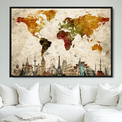 Push Pin World Map Canvas Print – Framed Wall Art for Couples to Track Their Travels – Anniversary Gift or Home Adventure Decor