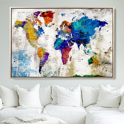 Push Pin World Map Canvas Print – Framed Wall Art for Couples to Track Their Travels – Anniversary Gift or Home Adventure Decor