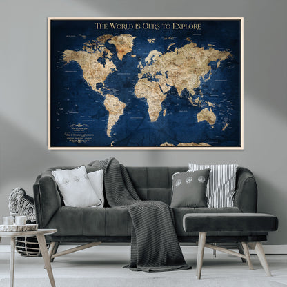 Custom World Map Wall Art – Personalized Framed Canvas Print with Push Pins for Travel Tracking, Anniversary or Couple Gift Ideas - H2-2