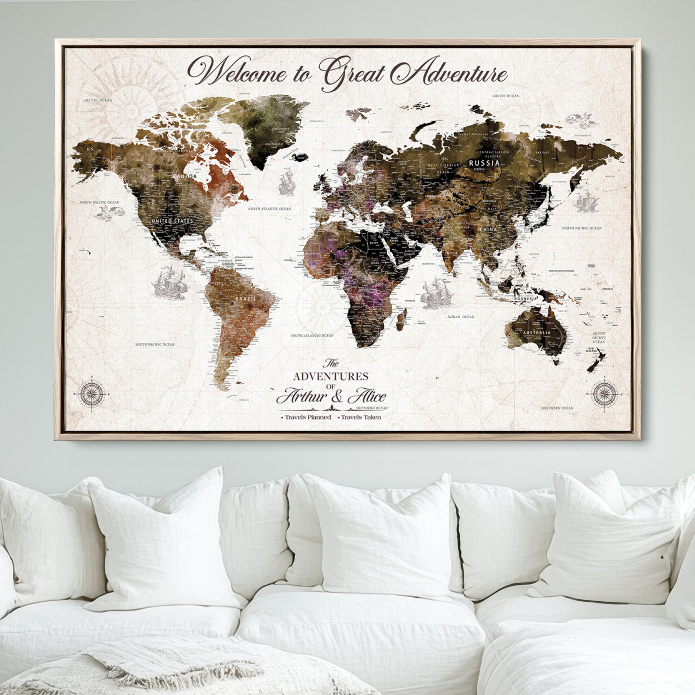 35778202-MGV-FC-36X24_Natural-Custom Push Pin World Map Wall Canvas Print – Personalized Travel Map with Pins – Framed Large Canvas for Home Office Decor