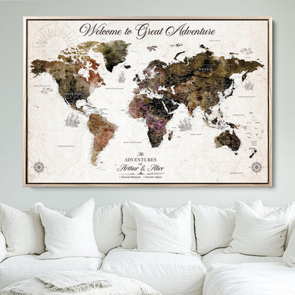 35778202-MGV-FC-36X24_Natural-Custom Push Pin World Map Wall Canvas Print – Personalized Travel Map with Pins – Framed Large Canvas for Home Office Decor