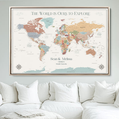 90968866-MGV-FC-36X24_Natural-Custom Push Pin World Map Wall Canvas Print – Personalized Travel Tracker with Pins – Framed Large Multi-Size Canvas for Home Office Decor