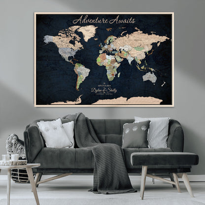 43186793-MGV-FC-30X20_Natural-Personalized World Map Print, Customizable Push Pin Framed World Map Print on Canvas - Custom Quote on Map Print