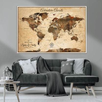 66357947-MGV-FC-36X24_Natural-Personalized World Map Print, Customizable Push Pin Framed World Map Print on Canvas - Custom Quote on Map Print