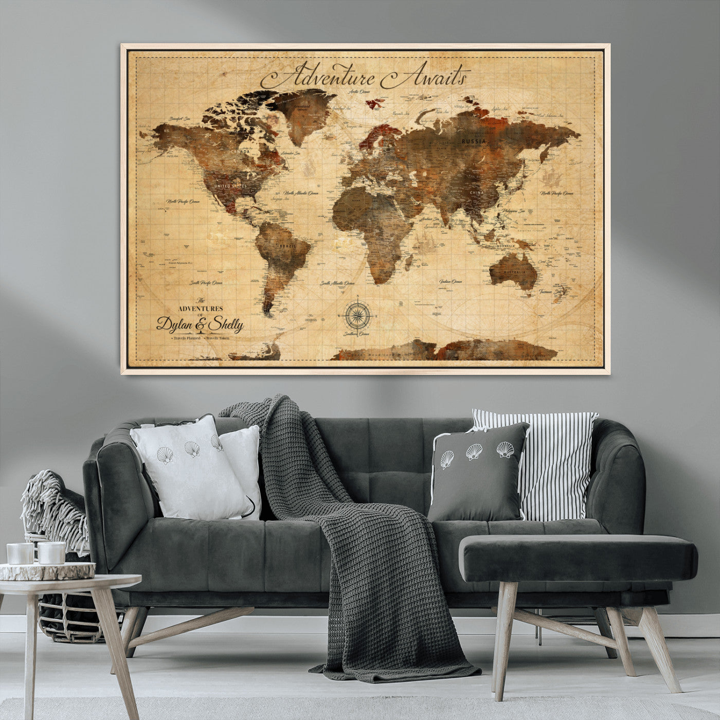 57497711-MGV-FC-36X24_Natural-Personalized World Map Canvas Print - Customizable Push Pin Framed World Map Print on Canvas - Custom Quote on Map Print