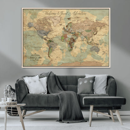 17693651-MGV-CV-36X24-Custom Push Pin World Map Wall Canvas Print – Personalized Travel Tracker with Pins – Framed Custom Quotie Canvas for Home Office Decor Art Print