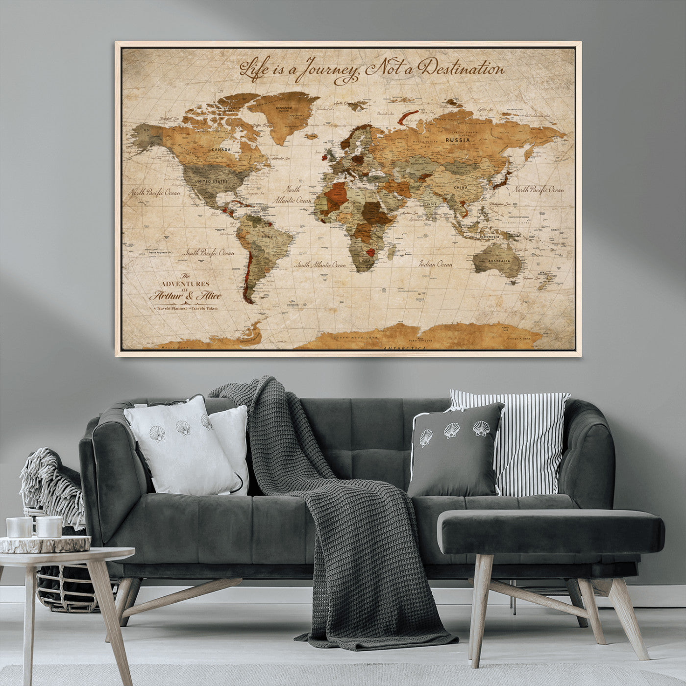 79036691-MGV-CV-30X20-Custom Push Pin World Map Wall Canvas Print – Personalized Travel Tracker with Pins – Framed Custom Quotie Canvas for Home Office Decor