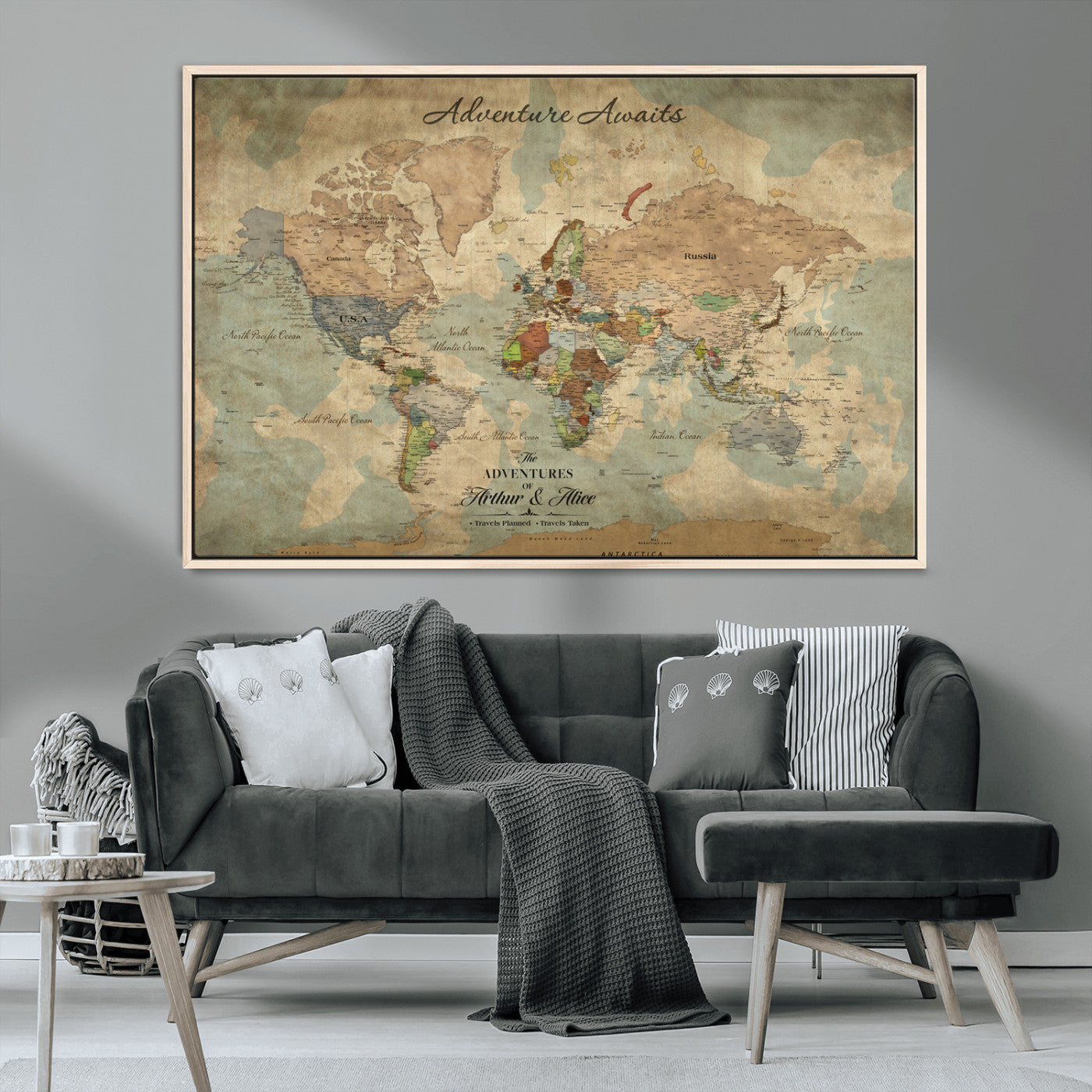 60798273-MGV-CV-30X20-Custom Push Pin World Map Wall Canvas Print – Personalized Travel Tracker with Pins – Framed Custom Quotie Canvas for Home Office Decor