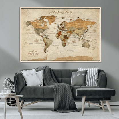 64295326-MGV-CV-30X20-Custom Push Pin World Map Wall Canvas Print – Personalized Travel Tracker with Pins – Framed Custom Quotie Canvas for Home Office Decor