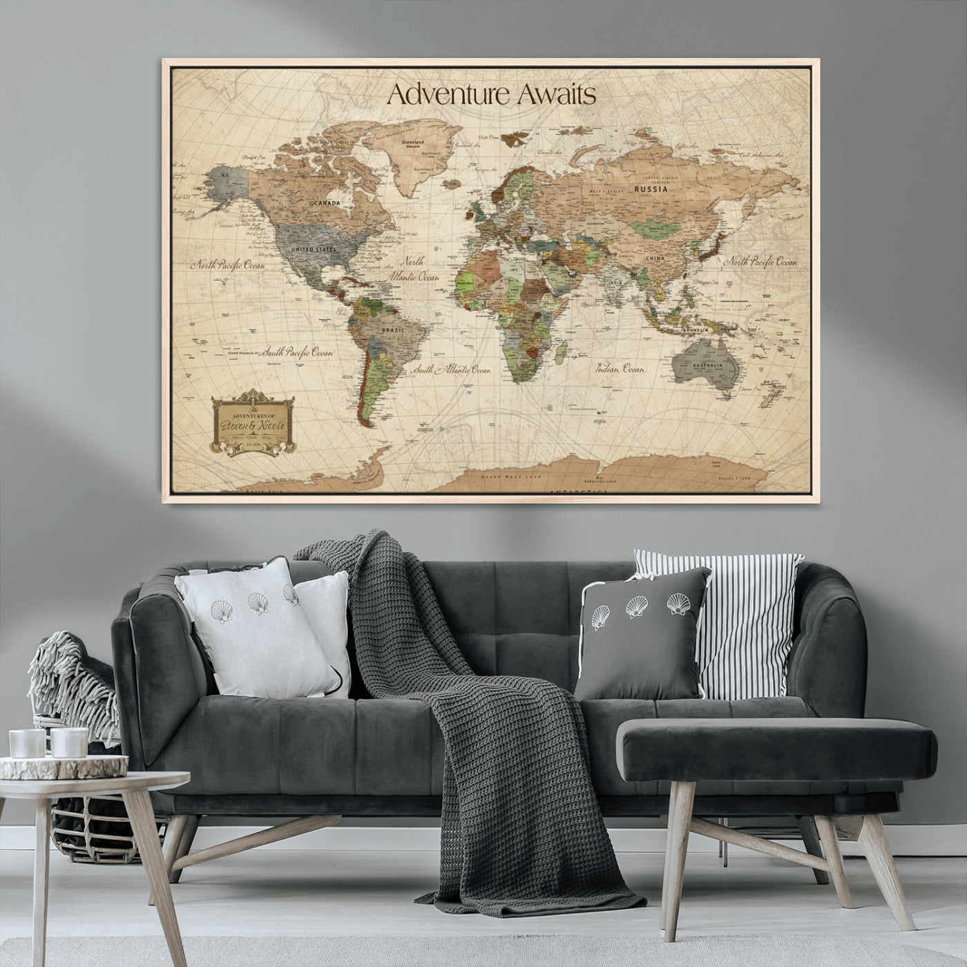 33020399-MGV-CV-30X20-Custom Push Pin World Map Wall Canvas Print – Personalized Travel Tracker with Pins – Framed Custom Quotie Canvas for Home Office Decor
