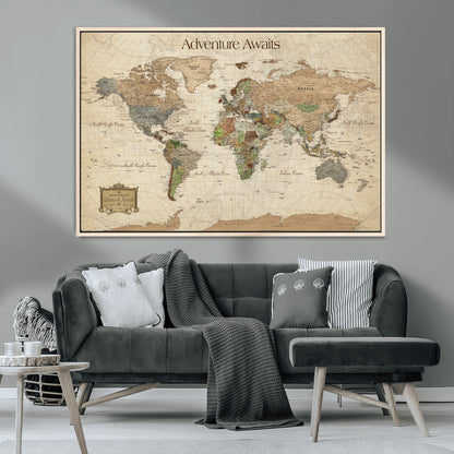 33020399-MGV-CV-30X20-Custom Push Pin World Map Wall Canvas Print – Personalized Travel Tracker with Pins – Framed Custom Quotie Canvas for Home Office Decor