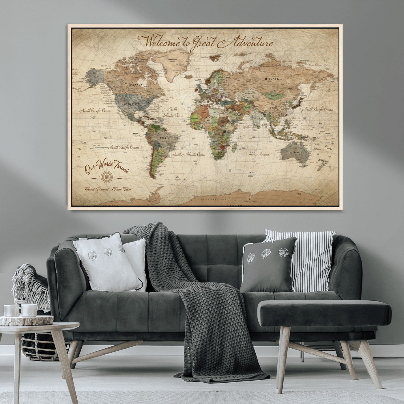 76478536-MGV-CV-30X20-Custom Push Pin World Map Wall Canvas Print – Personalized Travel Tracker with Pins – Framed Custom Quotie Canvas for Home Office Decor