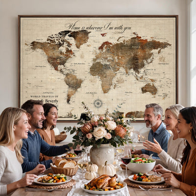 Large Custom Framed Beige Vintage World Travel Map Wall Art with Pins, Couples Countries Visited Map, Living Room and Hallway Decor