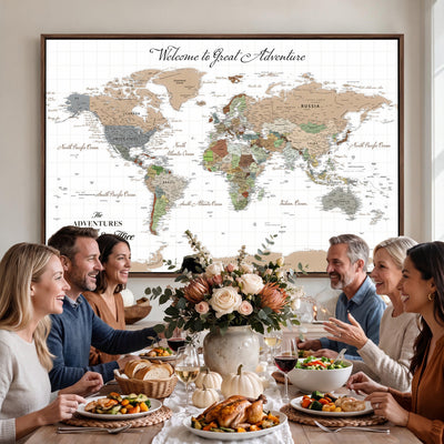 85396539-MGV-CV-36X24 - Custom Beige Push Pin World Map Wall Art, Bucket List Map, Study and Hallway Decor