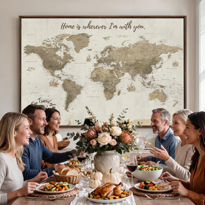 Custom Beige Geometric World Map Canvas with Push Pins, Honeymoon and Anniversary Gift, Dining Room and Hallway Decor