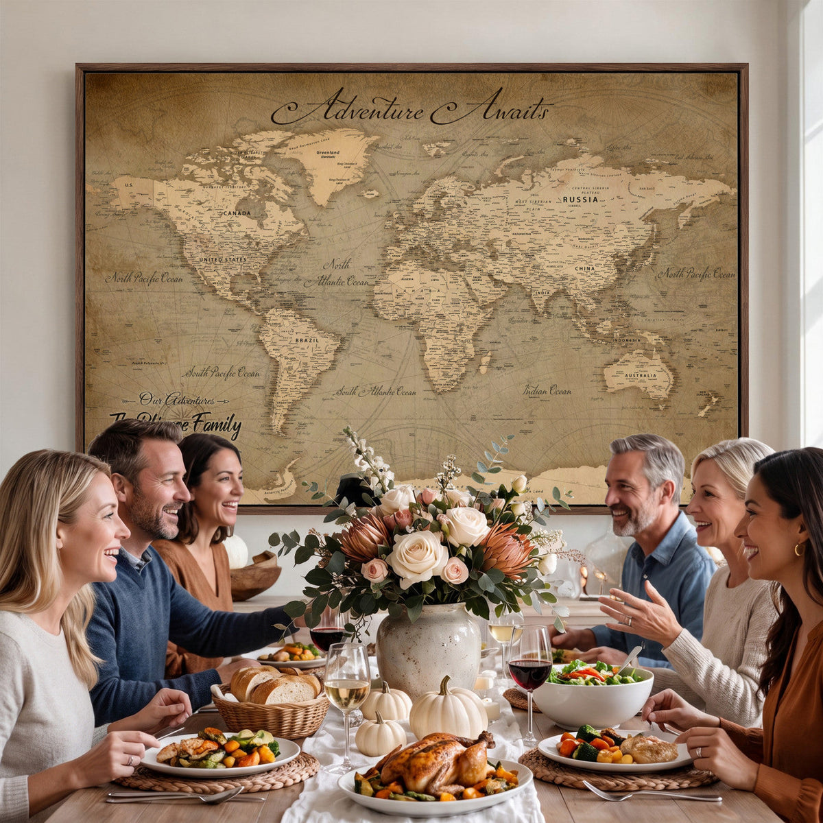 Personalized Framed Beige World Travel Map Wall Art with Pins, Family Travel Tracker, Family Room and Entryway Decor