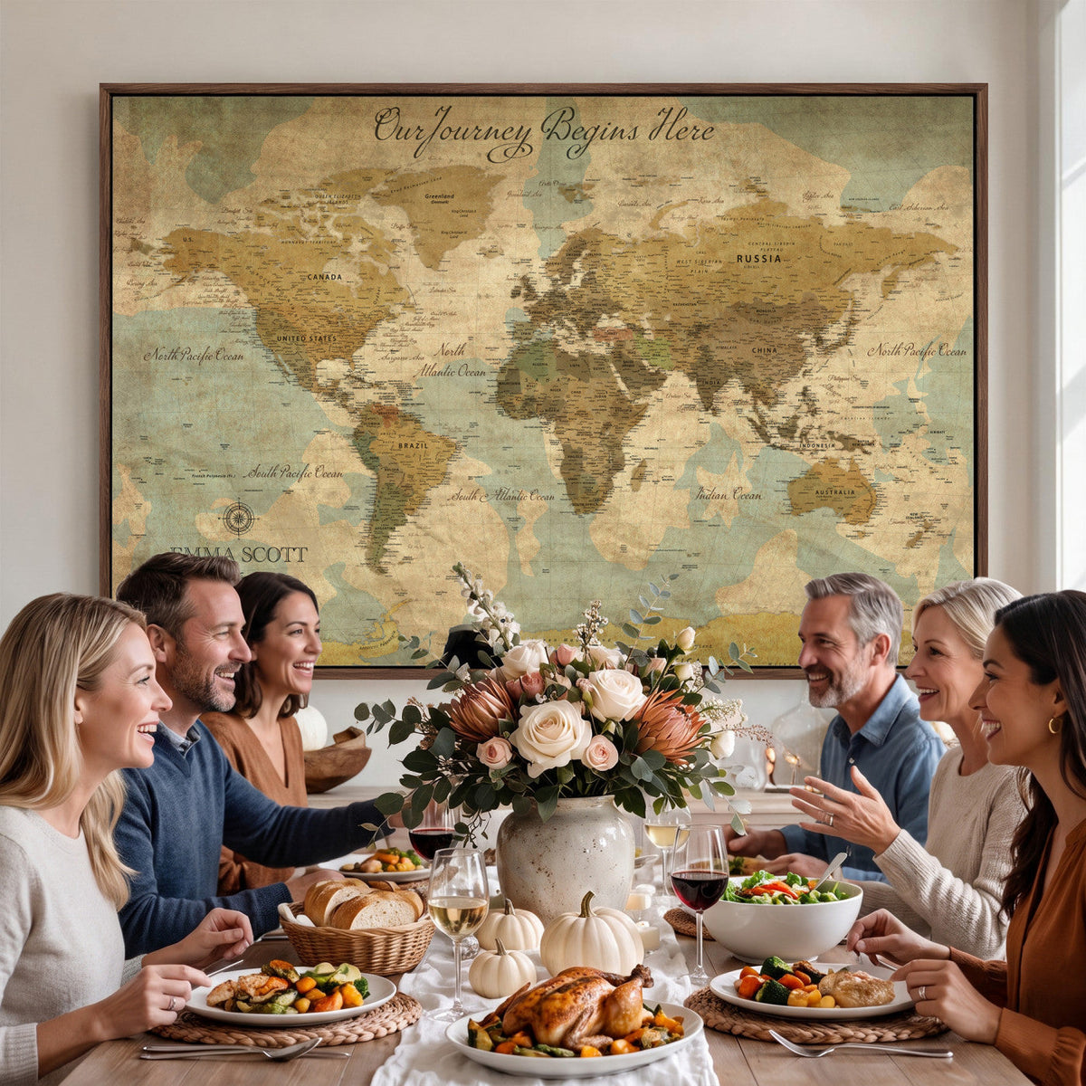 Personalized Navy Push Pin Travel Map Canvas Print, Couples Countries Visited Map, Living Room and Dining Room Decor