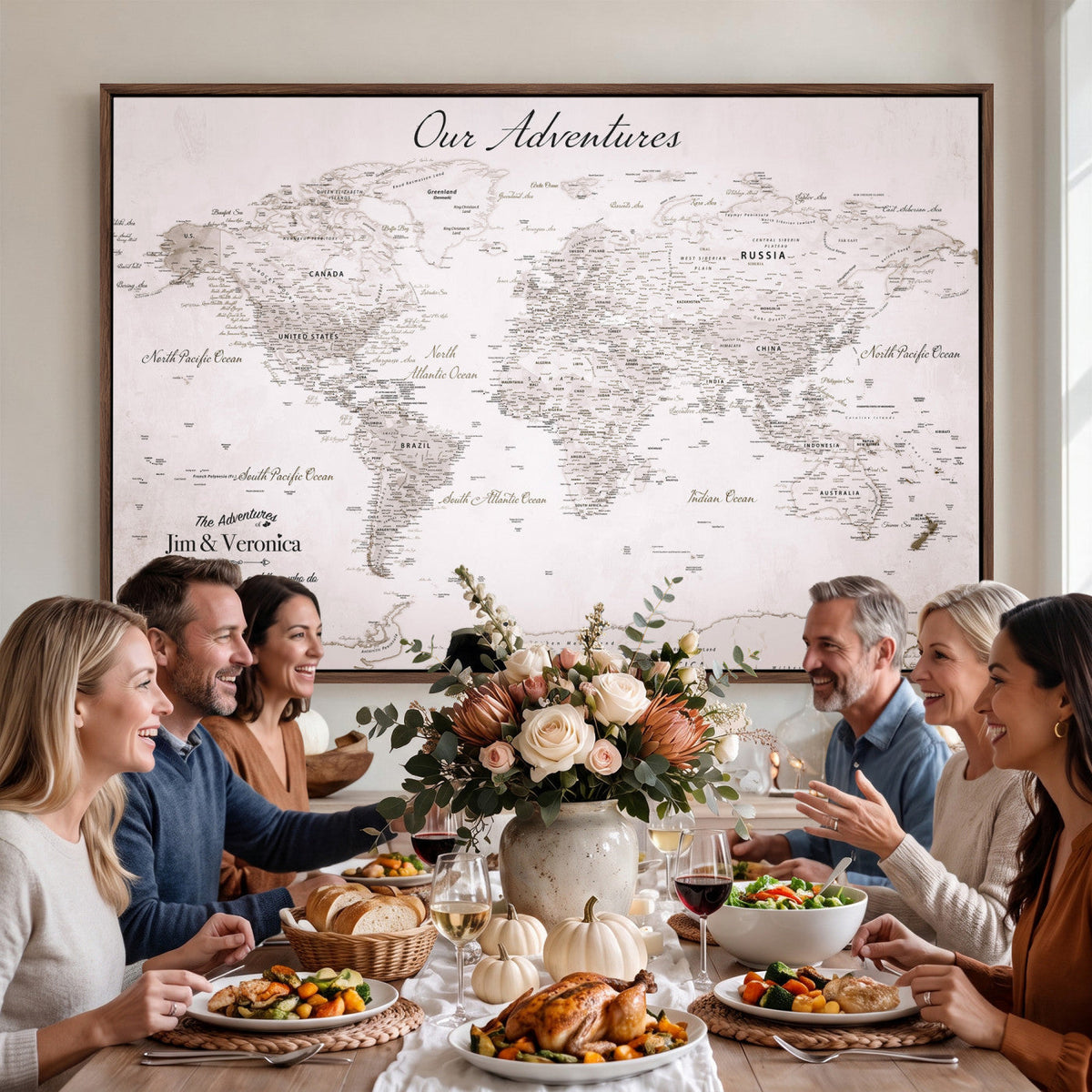 Personalized Beige Vintage World Travel Map Wall Art with Pins, Honeymoon and Anniversary Gift, Entryway and Hallway Decor