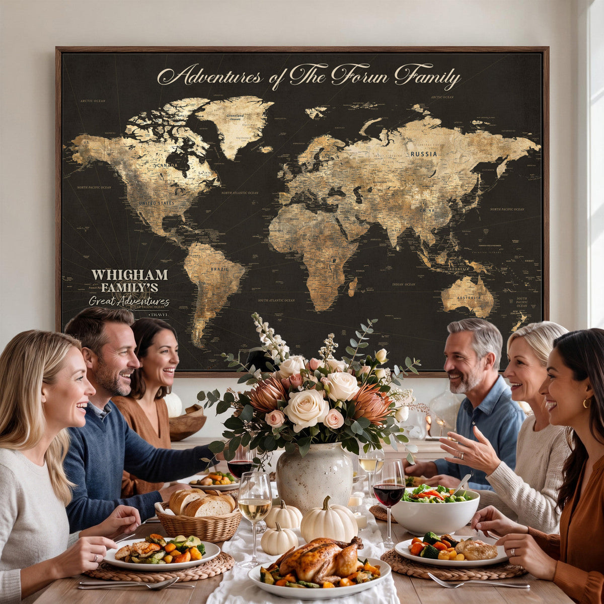 Personalized Framed Beige World Travel Map Wall Art with Pins, Couples Countries Visited Map, Family Room and Dining Room Decor