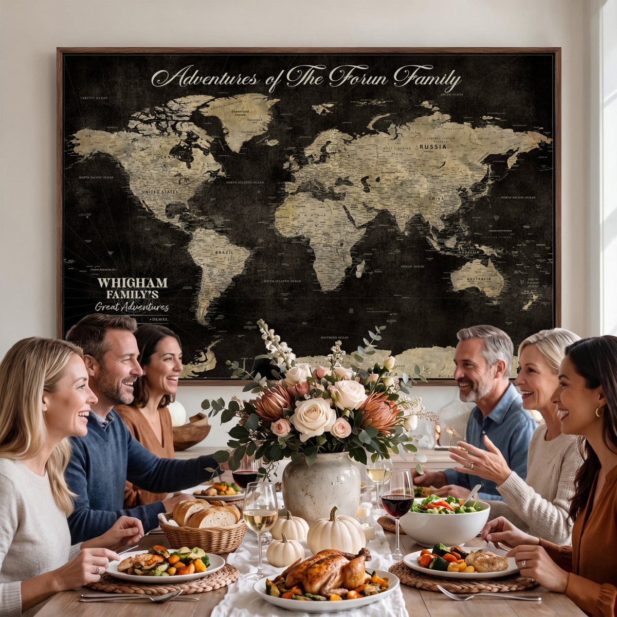 Personalized Framed Black Modern World Map Canvas with Push Pins, Next Trip Planner Map, Dining Room and Home Office Decor