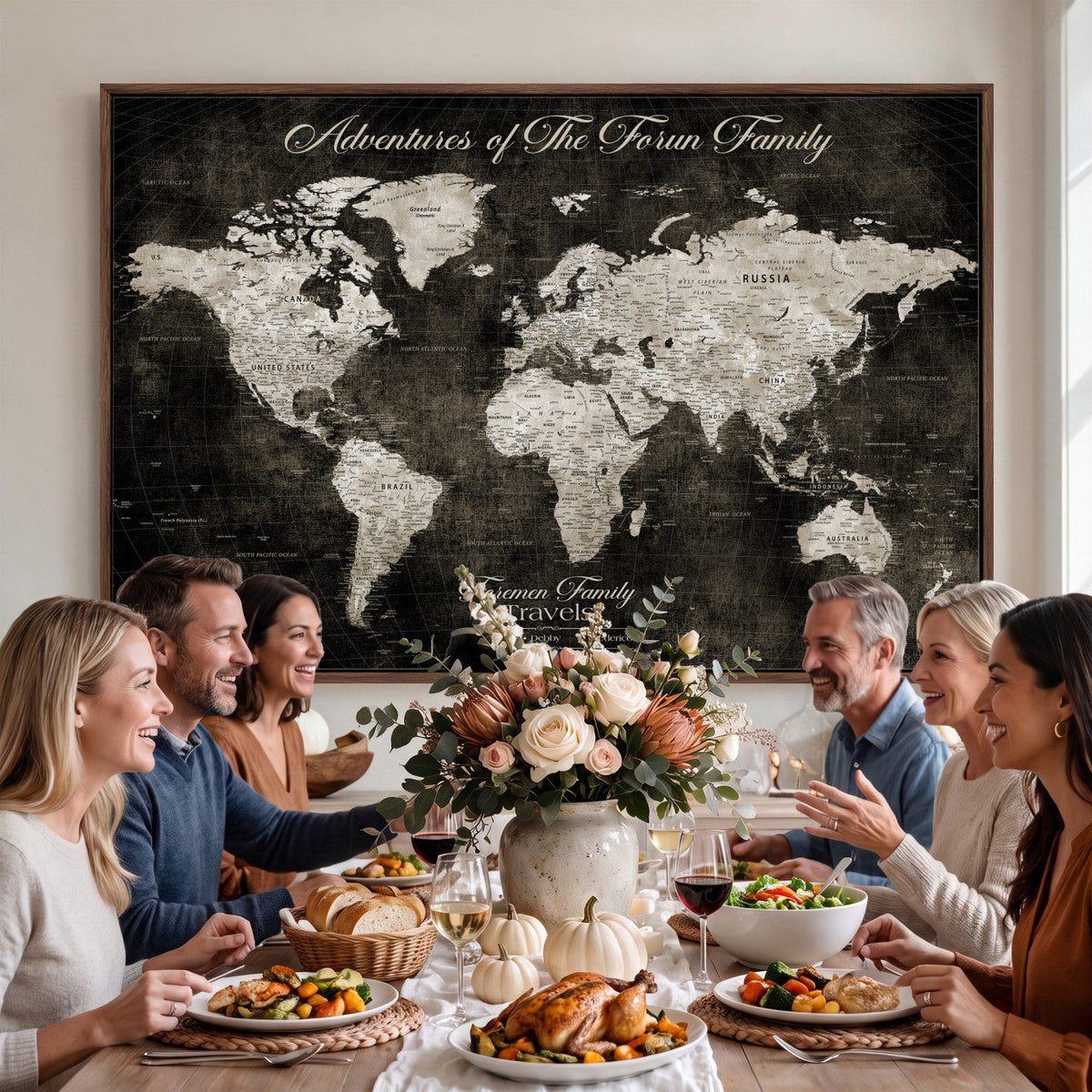 Personalized Framed Beige Push Pin World Map Canvas Print, Couples Countries Visited Map, Dining Room and Study Decor