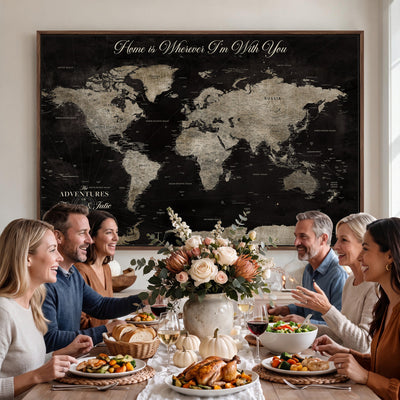 Personalized Framed Black Geometric World Map Canvas with Push Pins, Bucket List Map, Living Room and Dining Room Decor