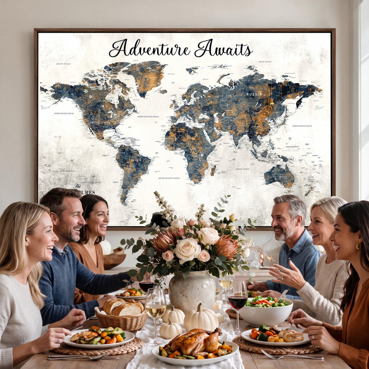 Custom Framed Beige Geometric World Travel Map Wall Art with Pins, Places Visited Tracker, Family Room and Home Office Decor