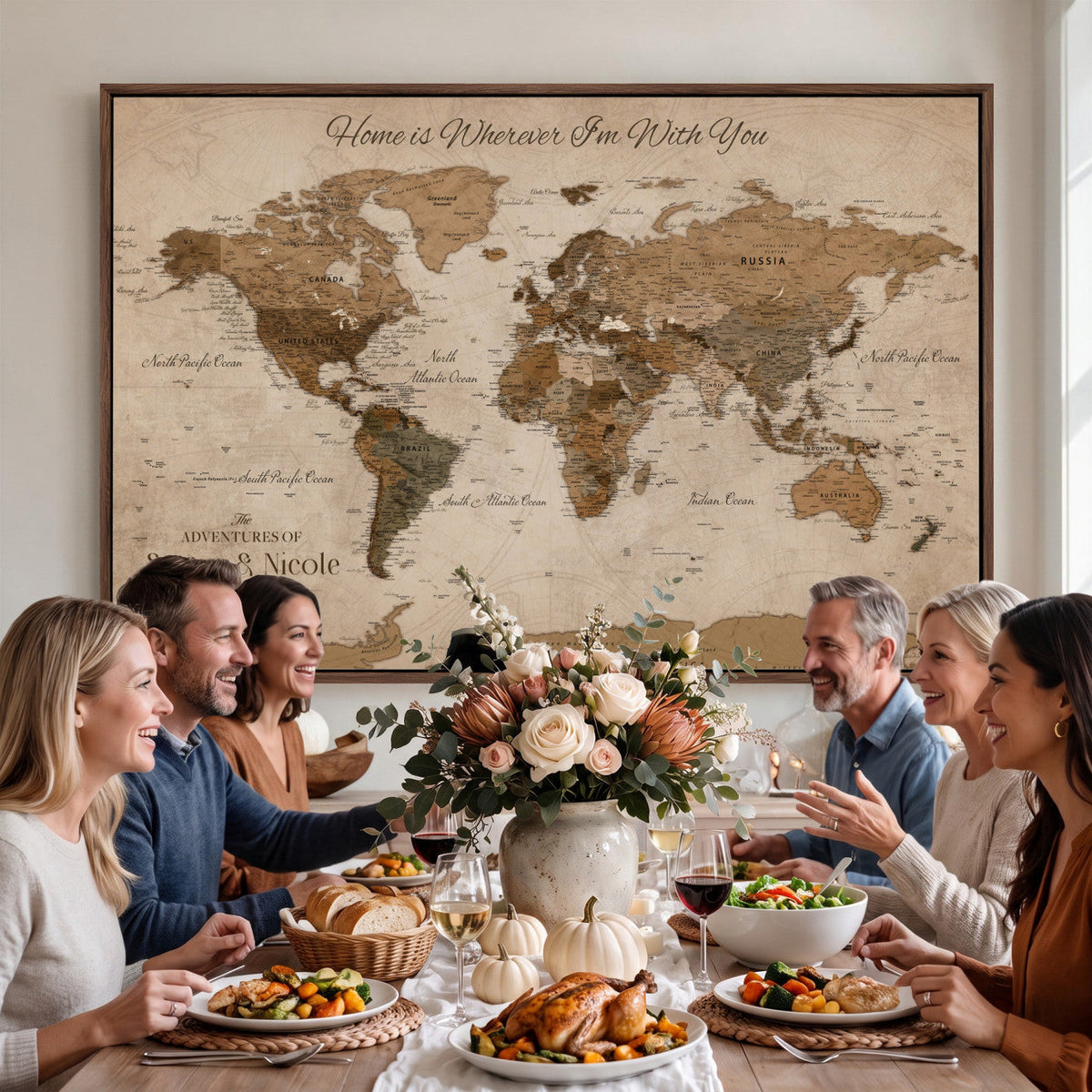 Personalized Framed Beige World Map Canvas with Push Pins, Honeymoon and Anniversary Gift, Living Room and Hallway Decor