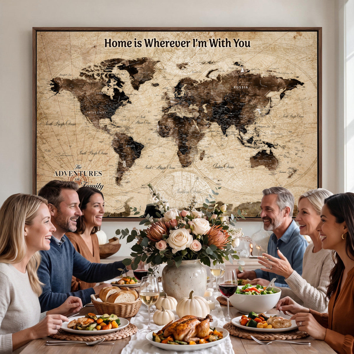 Personalized Framed Beige Modern World Travel Map Wall Art with Pins, Family Adventure Map, Living Room and Hallway Decor