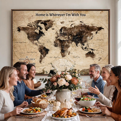 Personalized Framed Beige Modern World Travel Map Wall Art with Pins, Family Adventure Map, Living Room and Hallway Decor