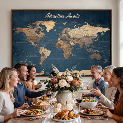Personalized White Vintage World Travel Map Wall Art with Pins, Next Trip Planner Map, Family Room and Dining Room Decor