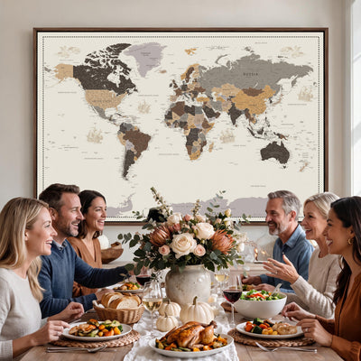 58777746-MGV-CV-36X24 - Custom Beige Modern Push Pin World Map Canvas Print, Places Visited Tracker, Bedroom and Study Decor