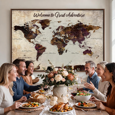 64110391126-MGV-CV-36X24 - Custom Beige World Travel Map Wall Art with Pins, Places Visited Tracker, Family Room and Entryway Decor