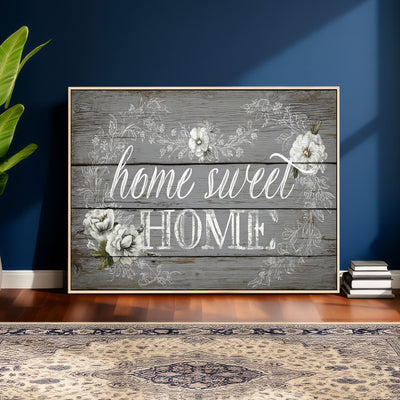 Home Sweet Home Sign Wall Art Canvas Print, Floral Farmhouse Decor